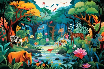Colorful cartoon rainforest with diverse plants, trees, and animals. Generative AI