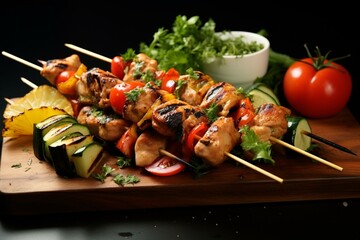 Delicious skewered poultry accompanied by assorted veggies. Generative AI