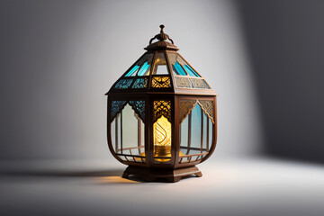 Fototapeta na wymiar An ornamental Arabic lantern with colorful glass glowing on a studio background, a greeting for Ramadan and Eid.