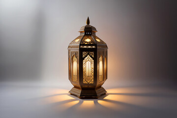An ornamental Arabic lantern with colorful glass glowing on a studio background, a greeting for Ramadan and Eid.