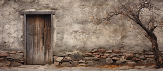 Old and weathered objects including wood boards doors windows of a barn stone and masonry are seen...