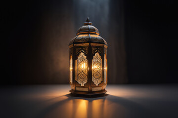 An ornamental Arabic lantern with colorful glass glowing on a dark background, a greeting for Ramadan and Eid.