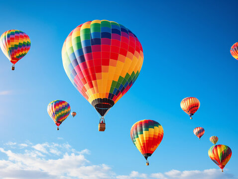 Vibrant hot air balloons floating against a clear blue sky, captured in a closeup view.