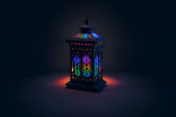 An ornamental Arabic lantern with colorful glass glowing on a dark background, a greeting for Ramadan and Eid.