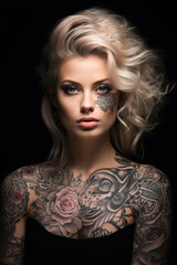 Fototapeta premium Portrait of young blonde attractive woman with tattoos
