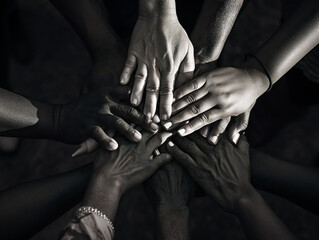 Two hands, one black and one white, stretch towards each other seeking unity and support.
