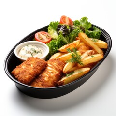 Fototapeta premium A plate of fish and fries with a side of salad. AI image.