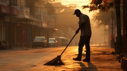 Naklejka premium A man sweeping the street with a broom.