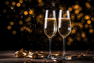 New Year celebration: two flutes of champagne with golden bokeh lights & fireworks in the background