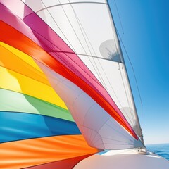 A sailboat with a rainbow colored sail on the water.