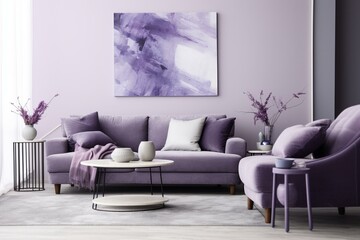 Contemporary living room with violet decor, gray chair, and white flooring. Generative AI