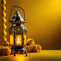 An ornamental Arabic lantern with colorful glass glowing on a golden background, a greeting for Ramadan and Eid.