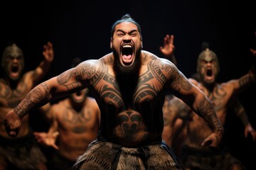 A group of men with tattoos on their body. Maori haka is a traditional war dance.