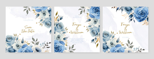 Blue rose elegant wedding invitation card template with watercolor floral and leaves