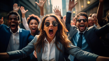 Obraz premium Colleagues with joyful attitude, celebrating holiday vacation labour day