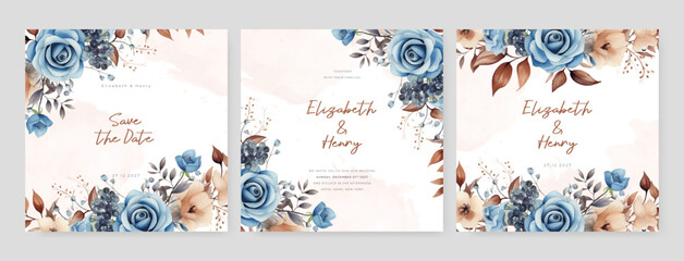 Blue and white rose set of wedding invitation template with shapes and flower floral border