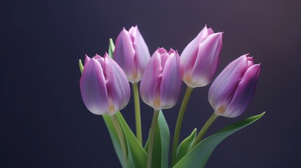 Purple tulips on a dark purple background with space for text. Tulips. Mother's day concept with a space for a text. Valentine day concept with a copy space.