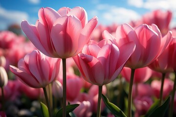 Tulip flowers in the garden with blue sky and cloud background. Tulips. Mother's day concept with a...