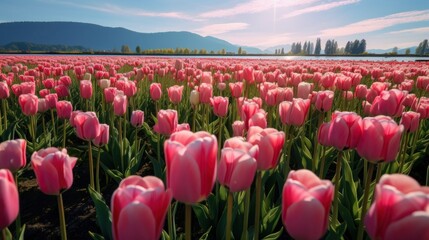 Tulip field. Tulips. Mother's day concept with a space for a text. Valentine day concept with a...