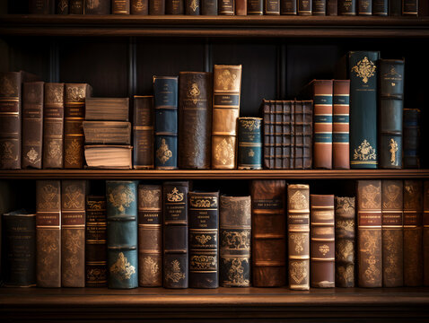 Multiple wooden shelves are filled with old, decaying vintage books.