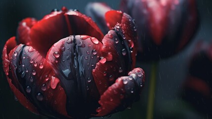Red tulip with water drops on the petals in the rain. Tulips. Mother's day concept with a space for...