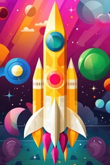 A colorful illustration of a space shuttle flying through the sky. Vibrant pop art image.