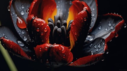 Tulip flower with water drops on black background, close up. Tulips. Mother's day concept with a...