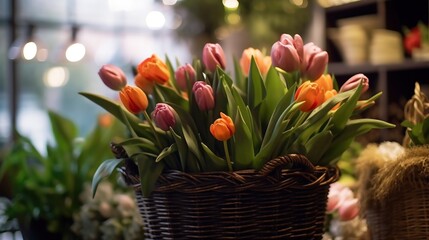 Tulips in a wicker basket in a flower shop. Tulips. Mother's day concept with a space for a text....