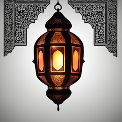 An ornamental Arabic lantern with colorful light glowing in the street in the evening.