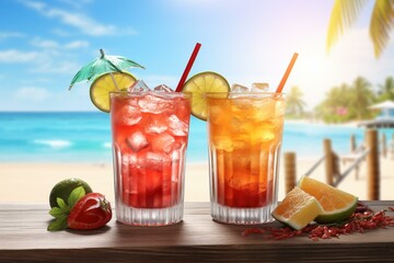 Refreshing mixed beverages with icy garnishes against a beach backdrop. Warm sunny days and a delightful seaside atmosphere. Generative AI