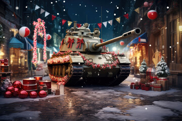 Fototapeta A tank in a city with peaceful christmas decoration obraz