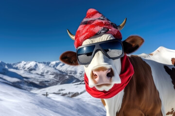 Lustige Kuh mit Sonnenbrille, Mütze und Schal in den Bergen - obrazy, fototapety, plakaty