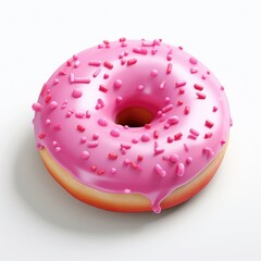 A pink donut with sprinkles on a white surface. Photorealistic, on white background