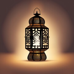 Fototapeta na wymiar An ornamental Arabic lantern with colorful light glowing in the street in the evening.