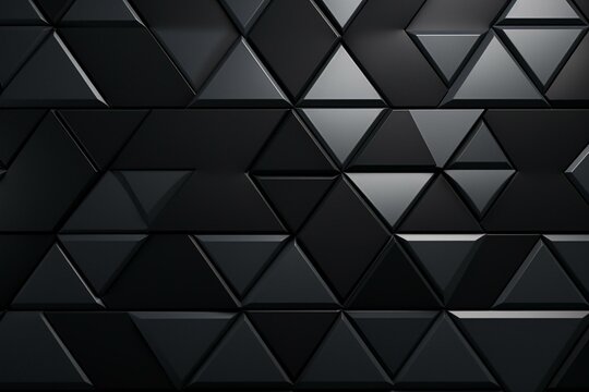 Elegant wall of polished 3D mosaic tiles arranged in a triangular pattern. Stacked semigloss bricks create a black block backdrop. 3D rendered image. Generative AI