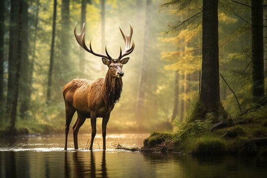 A mighty elk in woodland by a pond. Generative AI