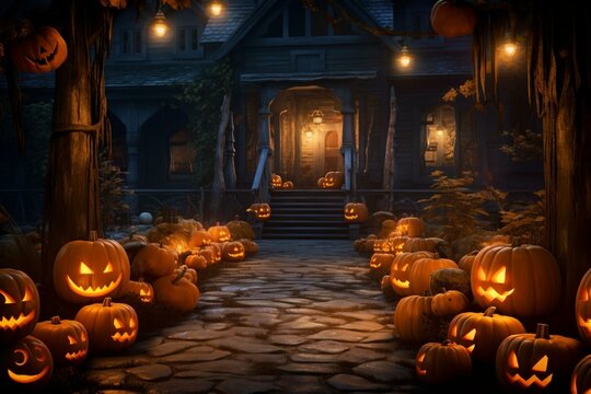 Porch filled with menacing pumpkins ready to frighten trick-or-treaters with wicked smiles, sharp teeth, and glowing orange eyes. Generative AI