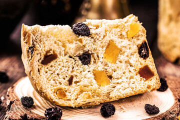 slice of panettone, homemade baked bread with candied fruit, traditional for Christmas in Brazil and Italy.