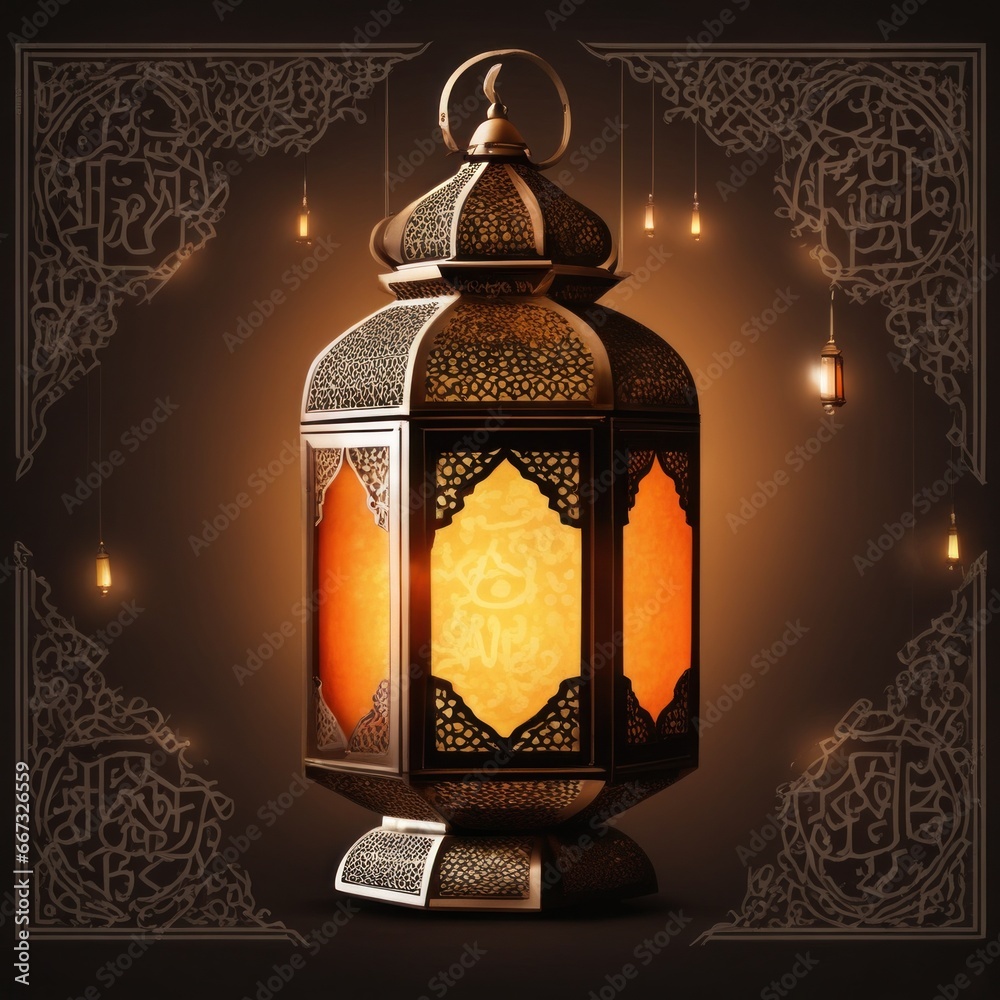 Wall mural an ornamental arabic lantern with colorful light glowing in the street in the evening.