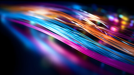 Multiple threads of colorful fiber optic cable with a black background