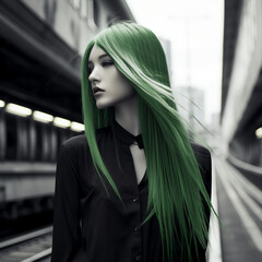 Black and white photo girl with straight long keratin green hair in the modern city