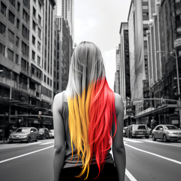 Black and white photo girl with straight long keratin colorful hair in the modern city