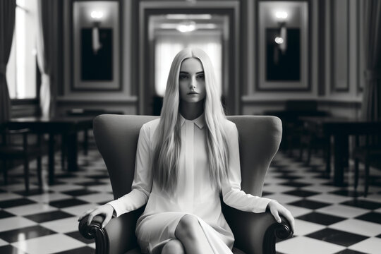 Black and white photo girl with straight long keratin hair in the luxury hotel
