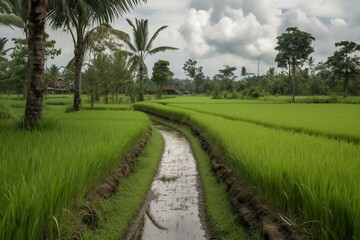 Fototapeta na wymiar A pathway between rice paddies. Generative AI