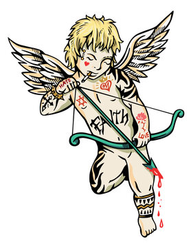 Vector illustration of cupid with piercing and tattoos. Art for printing on t-shirts, posters and etc...