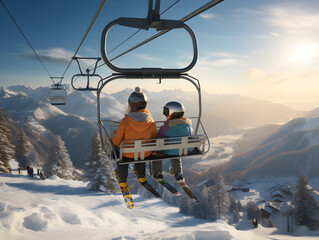 Fototapeta na wymiar Excited Children on Ski Lift with Snowboards in Serene Winter Landscape on a Sunny Morning