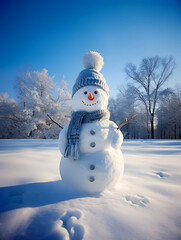 Fototapeta premium Playful Snowman with Vibrant Carrot Nose and Button Eyes in a Serene Winter Landscape, Evoking Whimsical Winter Delight