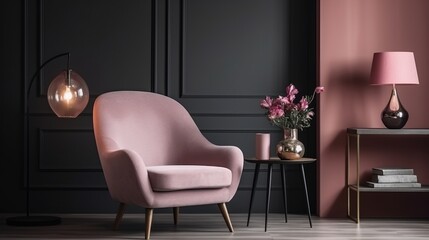 Armchair in a spacious living room. A pink armchair in a spacious living room with a lamp and table surrounded by flowers and a shelf against a grey wall with a dark painting With copyspace for text