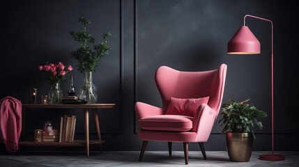 Armchair in a spacious living room. A pink armchair in a spacious living room with a lamp and table surrounded by flowers and a shelf against a grey wall with a dark painting With copyspace for text