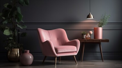 Armchair in a spacious living room. A pink armchair in a spacious living room with a lamp and table surrounded by flowers and a shelf against a grey wall with a dark painting With copyspace for text